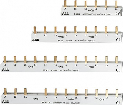 ABB 3-фаз. разрезаемые шинные разводки с удаляемыми штырьками на 48 мод. для 3-полюсных устройств со вспомогательными элементами, сечение: 16 кв. мм