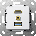 Gira System-55 Белый глянец Разъем HDMI High Speed with Ethernet + USB 3.0 A + MiniJack разветвительный кабель