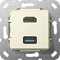 Gira System-55 Кремовый глянец Разъем HDMI High Speed with Ethernet + USB 3.0 A инвертирующий адаптер